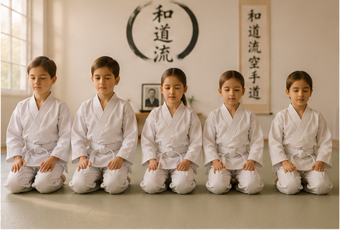 Kinder sitzen im Seiza im Dōjō